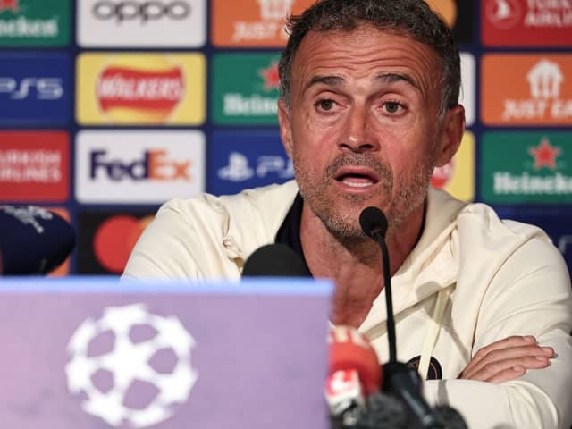 Paris Saint-Germain's Spanish head coach Luis Enrique  attends a press conference at St James's Park stadium in Newcastle-upon-Tyne, north east England on October 3, 2023, on the eve of their UEFA Champions League group F football match against Newcastle United. (Photo by FRANCK FIFE / AFP) (Photo by FRANCK FIFE/AFP via Getty Images)