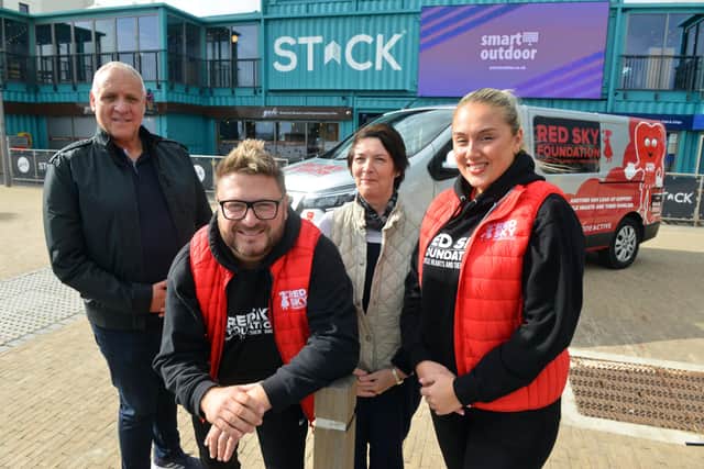 Launch of the annual Boxing Day Dip at Stack Seaburn. Red Sky Foundation founder Sergio Petrucci, STACK's Kevin Walker, Sunderland Lions Club Jackie Robson and Red Sky Foundation Hannah Musgrove.