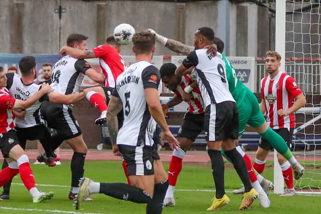 Action from Gateshead’s 2-0 home defeat against National League rivals Altrincham (photo Charlie Waugh)