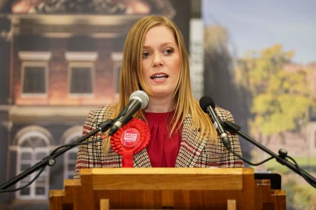 Sarah Edwards gives a victory speech after being declared the Member of Parliament for Tamworth following Thursday's by-election