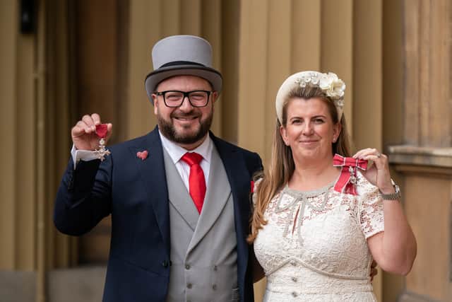 Sergio and Emma Petrucci, from Sunderland, Co-Founders of the Red Sky Foundation, after each being made Members of the Order of the British Empire (MBE) during an Investiture ceremony at Buckingham Palace