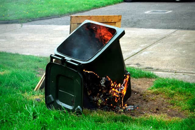 A wheelie bin which was set on fire.
