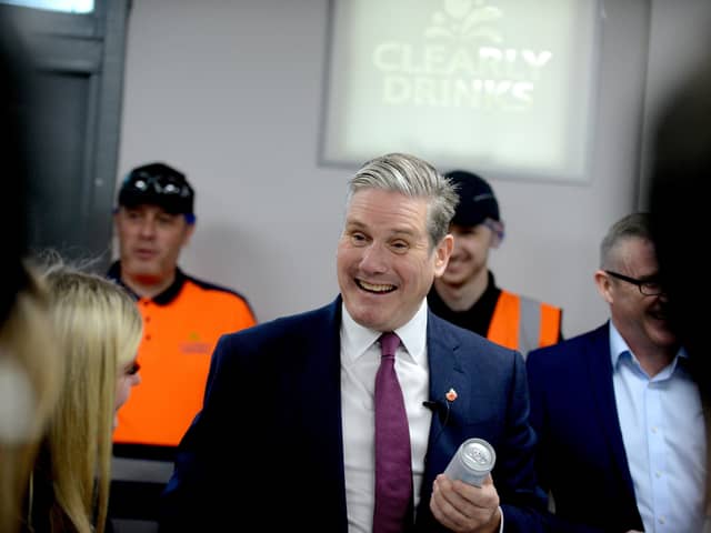 Sir Keir Starmer meets workers at Clearly Drinks