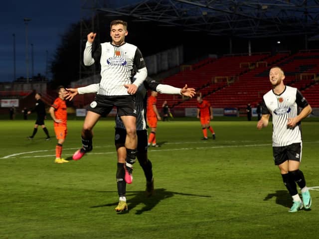 Billy Chadwick celebrates after completing his hat-trick in Gateshead's 6-0 win over National League rivals Dorking Wanderers (photo Jack McGraghan)