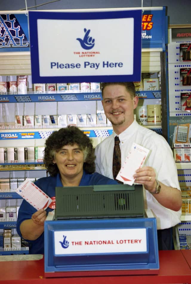 Pictured at Mills Newsagency in Cairnside South, East Herrington, are manager Michael Tilly and assistant Ann Bergg in 1994.