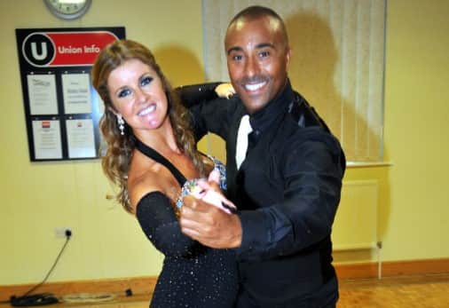 Erin Boag and Colin Jackson dancing at NPower Peterlee.