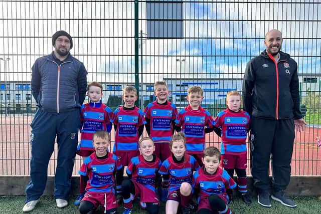 Peterlee and Horden under-7s rugby team proudly wearing their newly sponsored shirts.