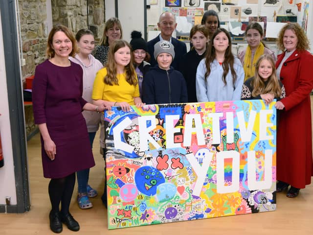 Sunderland Culture’s Rebecca Ball, left, Arts Council England’s Nicolas Baumfeld (centre, back) and Cllr Linda Williams, right, at a Creative You crafts workshop for young people at Arts Centre Washington.