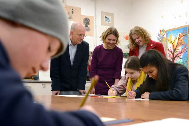 From left, Arts Council England’s Nicolas Baumfeld, Sunderland Culture’s Rebecca Ball and Cllr Linda Williams watching a Creative You crafts workshop for young people at Arts Centre Washington.