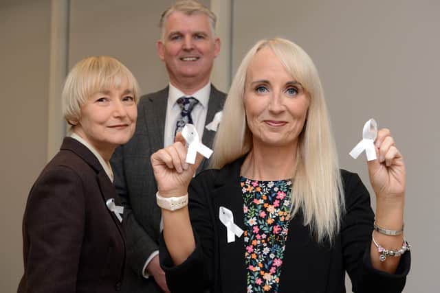 Sunderland City Council Cllr Kelly Chequer, Director of Public Health Gerry Taylor, and Chief Executive Patrick Melia, supporting White Ribbon Day. Picture by SCC.
