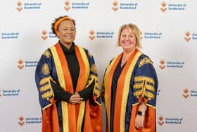 Former Chancellor Emily Sande welcomes new Chancellor Leanne Cahill following the University of Sunderland graduation ceremony at the Stadium of Light. Picture: DAVID WOOD