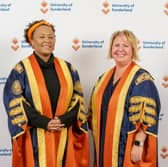 Former Chancellor Emily Sande welcomes new Chancellor Leanne Cahill following the University of Sunderland graduation ceremony at the Stadium of Light. Picture: DAVID WOOD