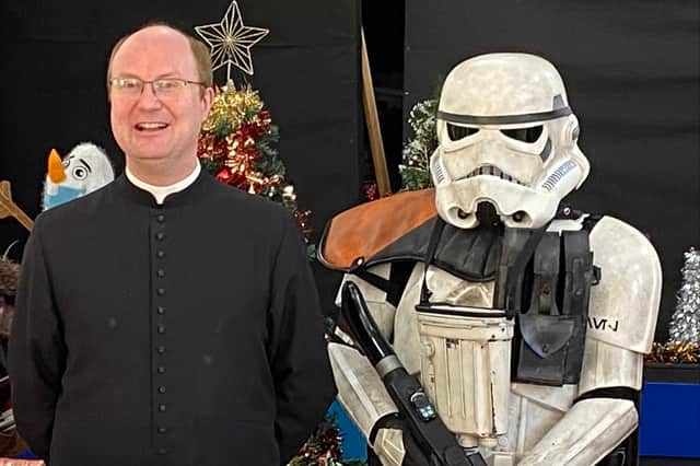 Father Kyle McNeil was accompanied by a stormtrooper for the Christmas Fayre at St. Mary’s Church, Horden. Submitted picture.