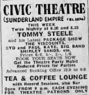 Tommy Steele at the Sunderland Empire). Tickets from 1 and sixpence.