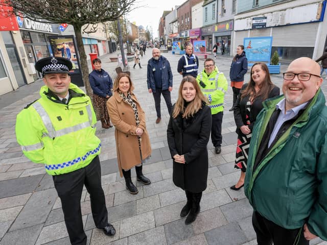 (from left) Chief Inspector Neil Hall, Victoria Patterson SAIL, Claire Sills VRU Coordinator, Chris Belfield Neighbourhood enforcement,  Police and Crime Commissioner Kim McGuiness, Paul Cummings Neighbourhood enforcement, Sgt Dave Catton, Kirsty Robson Legal Support VRU,  Kirsty Currie Operations Manager at Sunderland BID and Graeme Miller Leader of Sunderland City Council