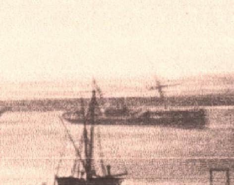 A grainy image of the SS Silistria leaning to starboard.