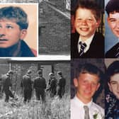 Serial killer Steven Grieveson, left, and his victims, clockwise from top left, Simon Martin, David Hanson, David Grieff, and Thomas Kelly.