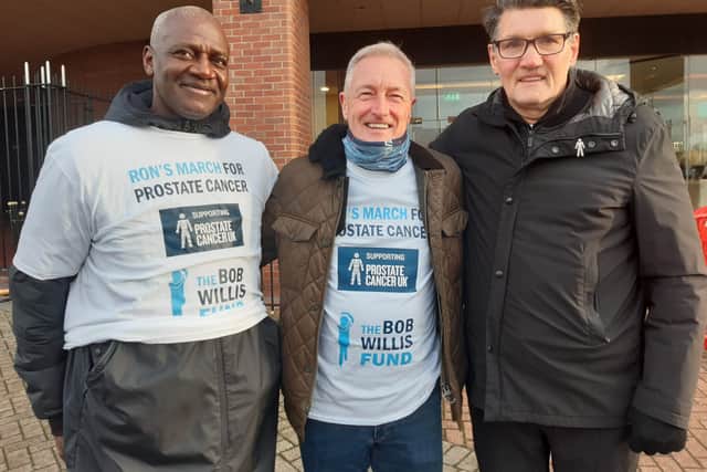 Former SAFC players Gary Bennett, David Hodgson and Mick Harford get ready to set off on the walk.