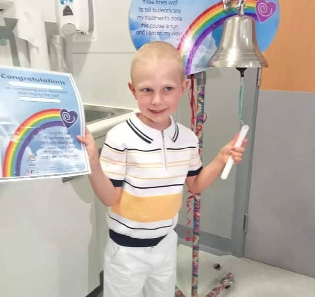 The day Gray rang the bell and got a certificate to signify his cancer treatment was at an end.