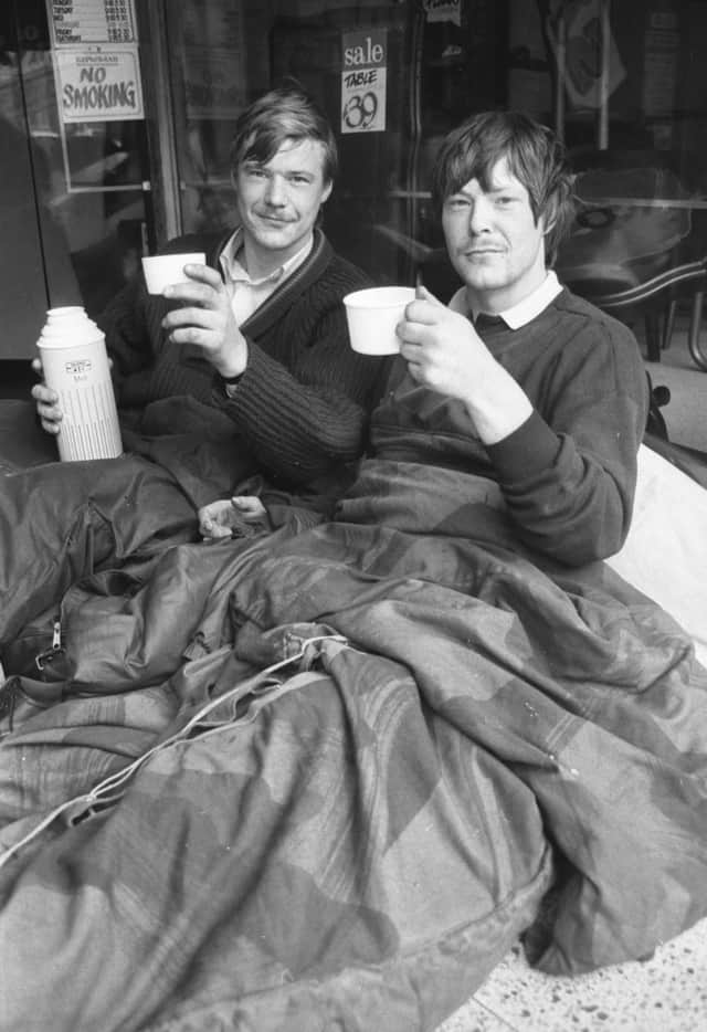 An early morning cuppa for brothers Steven, left and David Stoker outside Reproland furniture store in Fawcett Street.