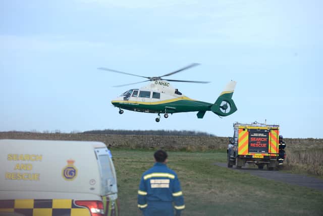 The Air Ambulance arriving at Whitburn. 