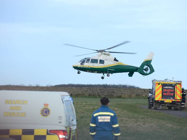 The Air Ambulance arriving at Whitburn. 