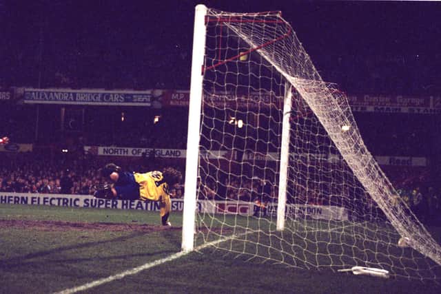 The ball nestles in the Chelsea net as Sunderland take a 2-1 lead against Chelsea in 1992.