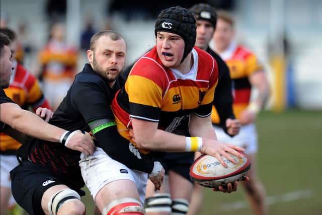 Sunderland RFC (red/yellow) in action against Hartlepool RFC, played at Ashbrooke Sports Ground, in 2020.