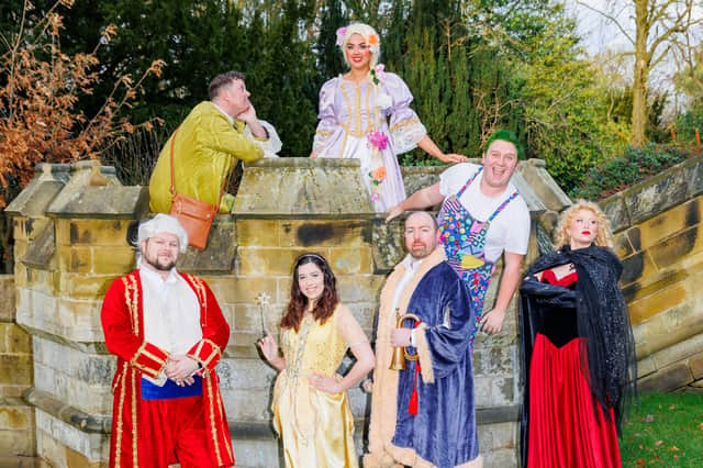  l to r, Phil Martin as King Bouffant, Phil Stabler as Prince Ryder, Clare Archer as Fairy Dandruff, Emma Coulson as Rapunzel, Stephen Shield as Gerald the Herald, Joe Coulson as Pascal, and Erin Boyle as Mother Gothel.