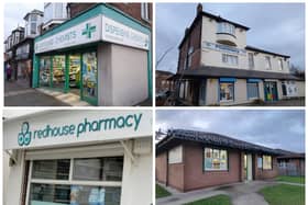 Clockwise from top left: pharmacies on Villette Road, Robinson Terrace, Suffolk Street and Renfrew Road were all burgled within a 48-hour period.