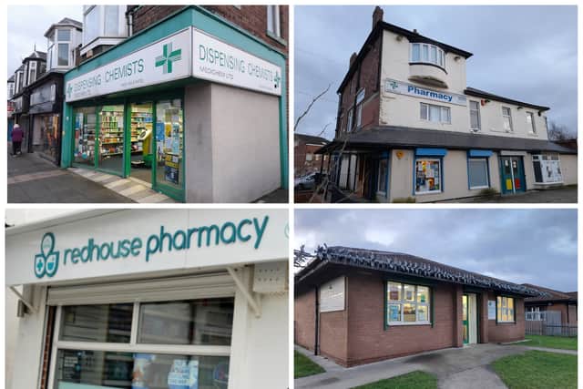 Clockwise from top left: pharmacies on Villette Road, Robinson Terrace, Suffolk Street and Renfrew Road were all burgled within a 24-hour period.