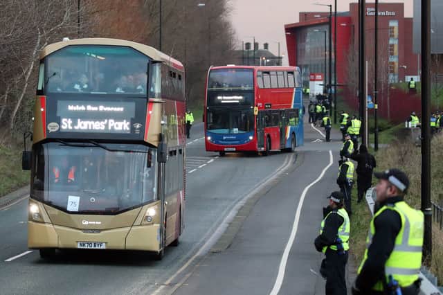 Newcastle fans being bussed away from the Stadium of Light. Picture by North News.