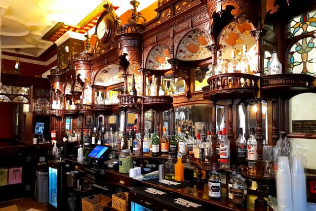 The celebrated back bar of the Dun Cow.