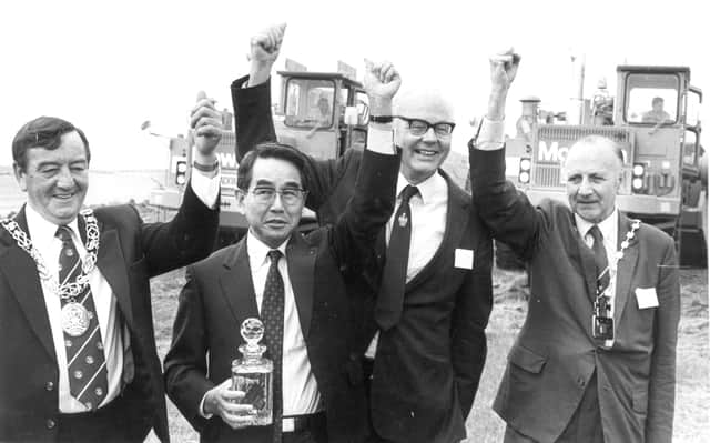 Pictured after the official opening ceremony at the Nissan site are (left to right) Coun George Elliott, Mayor of Sunderland; Mr Toshiaki Tsuchiya, Director of the Nissan Motor Corporation; Professor Grigor McClelland, Chairman of Washington Development Corporation, and Coun Archie Potts, Chairman of Tyne and Wear County Council.