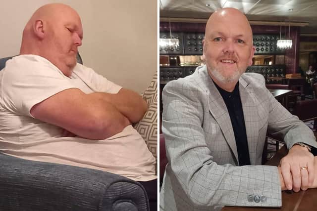 The photograph of Anthony which inspired him to lose weight and Anthony after he lost over five stone.