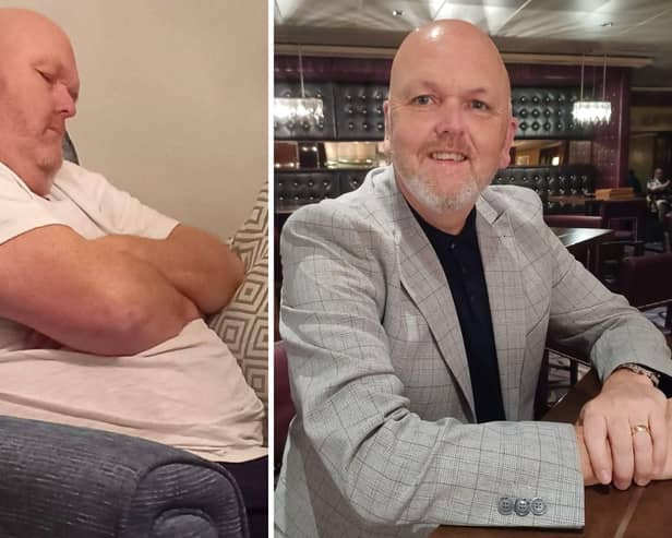 The photograph of Anthony which inspired him to lose weight and Anthony after he lost over five stone.