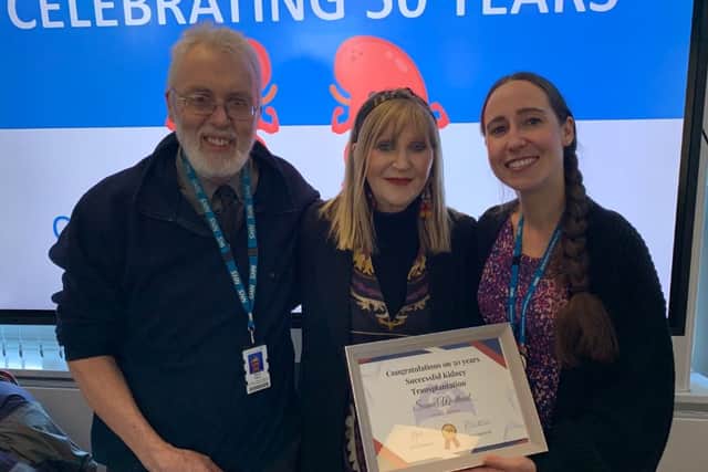 Sue Westhead, centre, with David Talbot, a professor of transplant surgery at the University of Sunderland, and consultant Rachel Davison. Submitted picture.