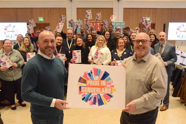 Left to right – Peter Darrant, Chair of Out North East and Cllr Graham Miller, leader of Sunderland City Council with other supporters at the launch of Pride in Sunderland.