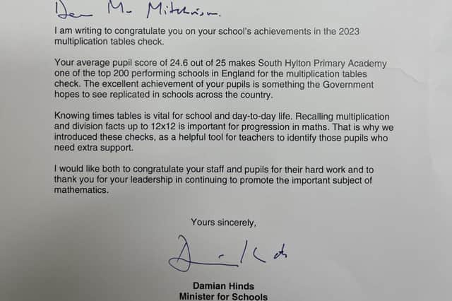 The letter of congratulations from the minister for schools, Damian Hinds.