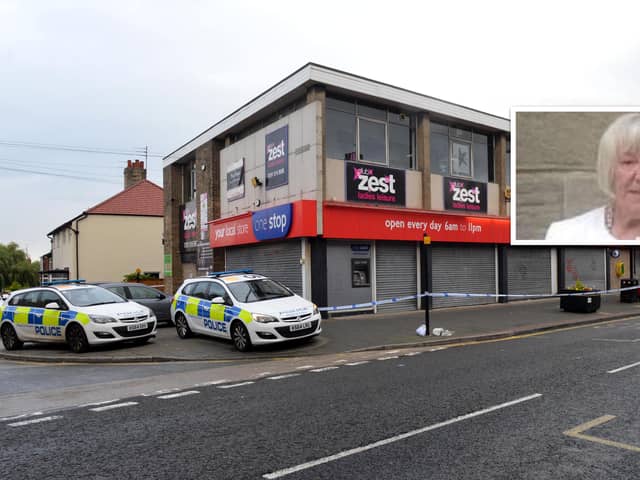 Victim Joan Hoggett, inset, and the shop in Sea Road, Sunderland, where the horrifying crime took place in 2018.