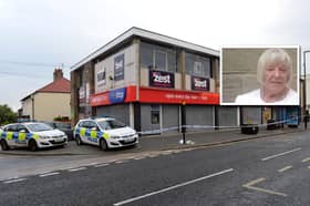 Victim Joan Hoggett, inset, and the shop in Sea Road, Sunderland, where the horrifying crime took place in 2018.