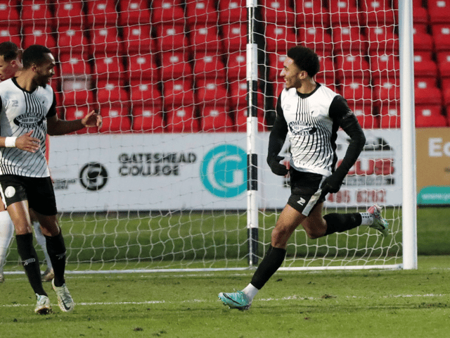 Kain Adom celebrates scoring Gateshead's second goal in their 2-1 home win against Barnet (photo Charles Waugh)