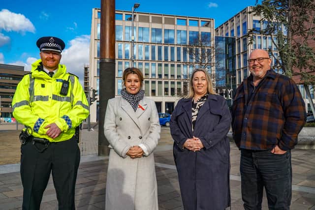 Chief Super Intendent Mark Hall, Northumbria Police, Police Commissioner Kim McGuinness, Tanya Brown and Cllr Graeme Miller.