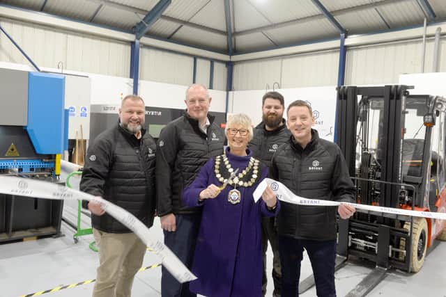New fabrication business Bryant Precision takes on a unit on Chipchase Court, Seaham Grange Industrial Estate official opening with Seaham Mayor Jennifer Bell, Commercial Director Cefyn Leadbitter, MD Richard Bryant, Production Superviser Mark Cooper and Administrator James Watson.