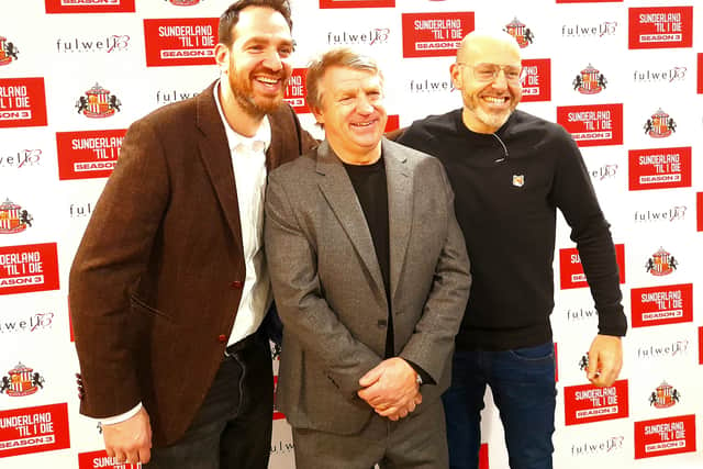 Fulwell73 bosses Gabe Turner and Leo Pearlman either side of their hero Marco Gabbiadini at the Fire Station launch of series three of Sunderland 'Til I Die.