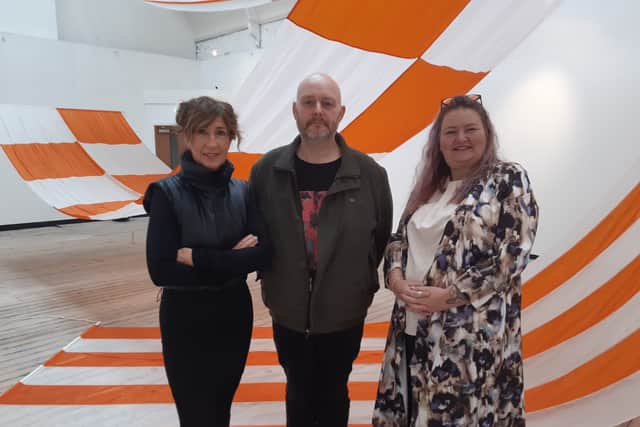 Sunderland BID representative Victoria Scarisbrick (left) alongside local artists Dale Hardy and Su Devine and artwork from Marilou Chagnaud.