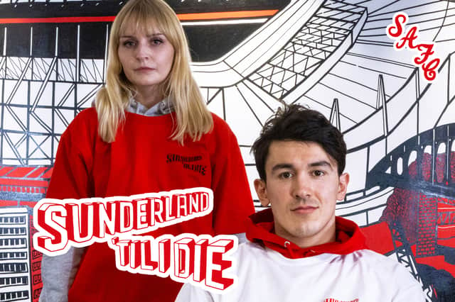 Luke O'Nien and Kathryn Robertson model the new Sunderland Til I Die t-shirts.
Photograph: SAFC