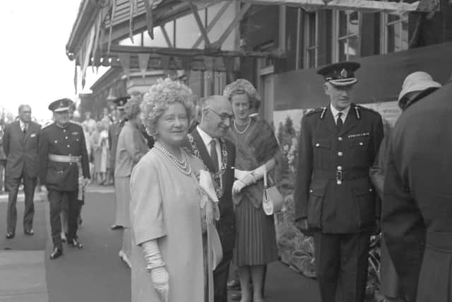 The Queen Mother on a visit to Sunderland in 1964. Here she is at Monkwearmouth Station.