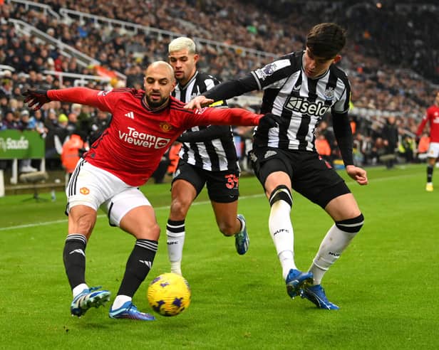 Newcastle United defender Tino Livramento in action against Manchester United