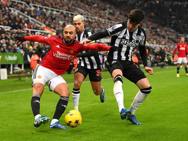 Newcastle United defender Tino Livramento in action against Manchester United